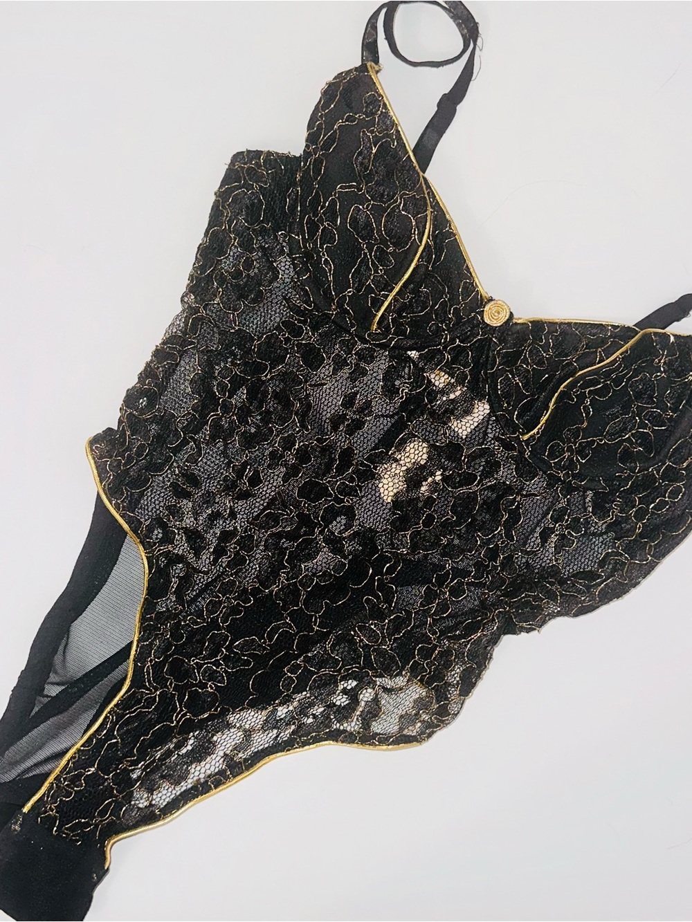 Vintage 90s Victoria’s Secret Black Lace teddy with Gold Trim
